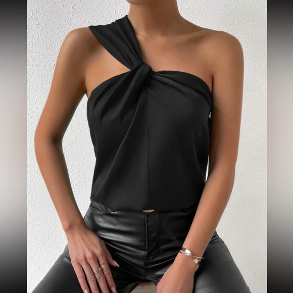 Luxe one shoulder twist front satin blouse - Picture 8 of 15